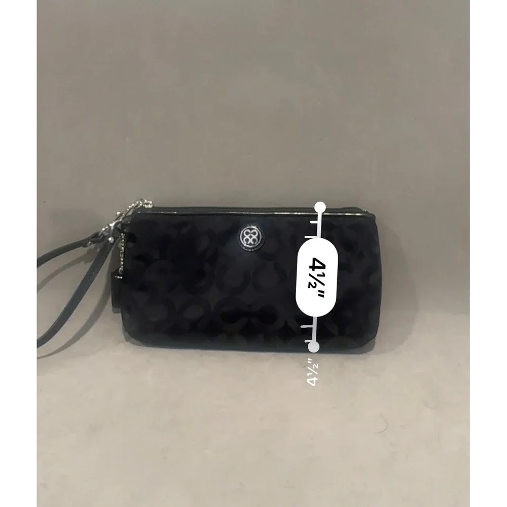 Coach Signature C Monogram Wristlet Black Jacquard Patent Trim Silver Medallion